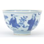 Chinese blue and white porcelain bowl, hand painted with figures, six figure character marks to