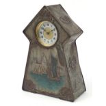 Art Nouveau Victory V tin mantle clock advertising Fryer & Co, 37cm high