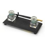 Irish bog oak desk stand with dip pen and cut glass inkwells, 17.5cm wide