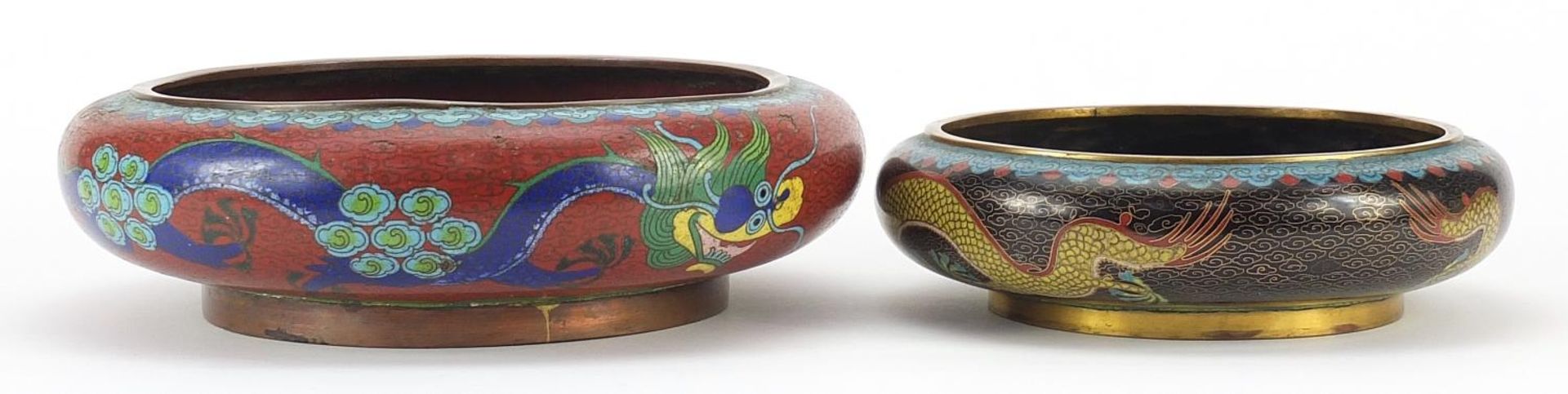 Two Chinese cloisonne squatted dragon bowls, each with four figure character marks to the base, - Image 2 of 4