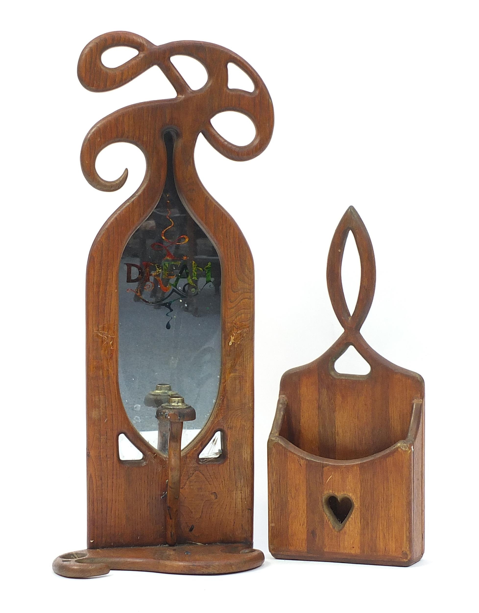 Art Nouveau design oak wall hanging mirrored sconce and wall pocket, the largest 80cm high