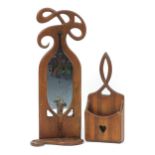 Art Nouveau design oak wall hanging mirrored sconce and wall pocket, the largest 80cm high