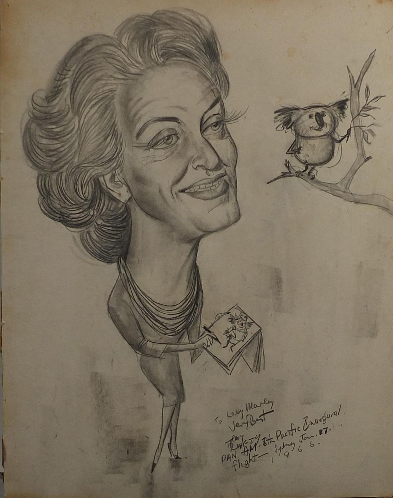 Pan American Airways interest caricature, pencil drawing, inscribed, unframed, 50.5cm x 39.5cm