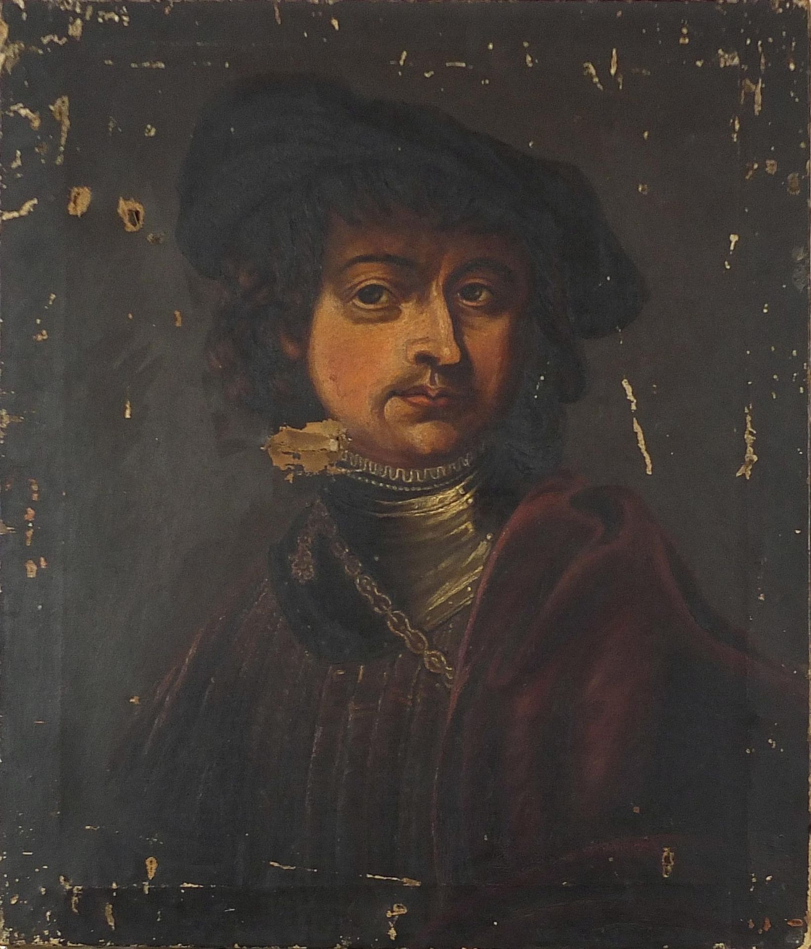 After Rembrandt van Rijn - Self portrait, oil on canvas, unframed, 61.5cm x 53cm