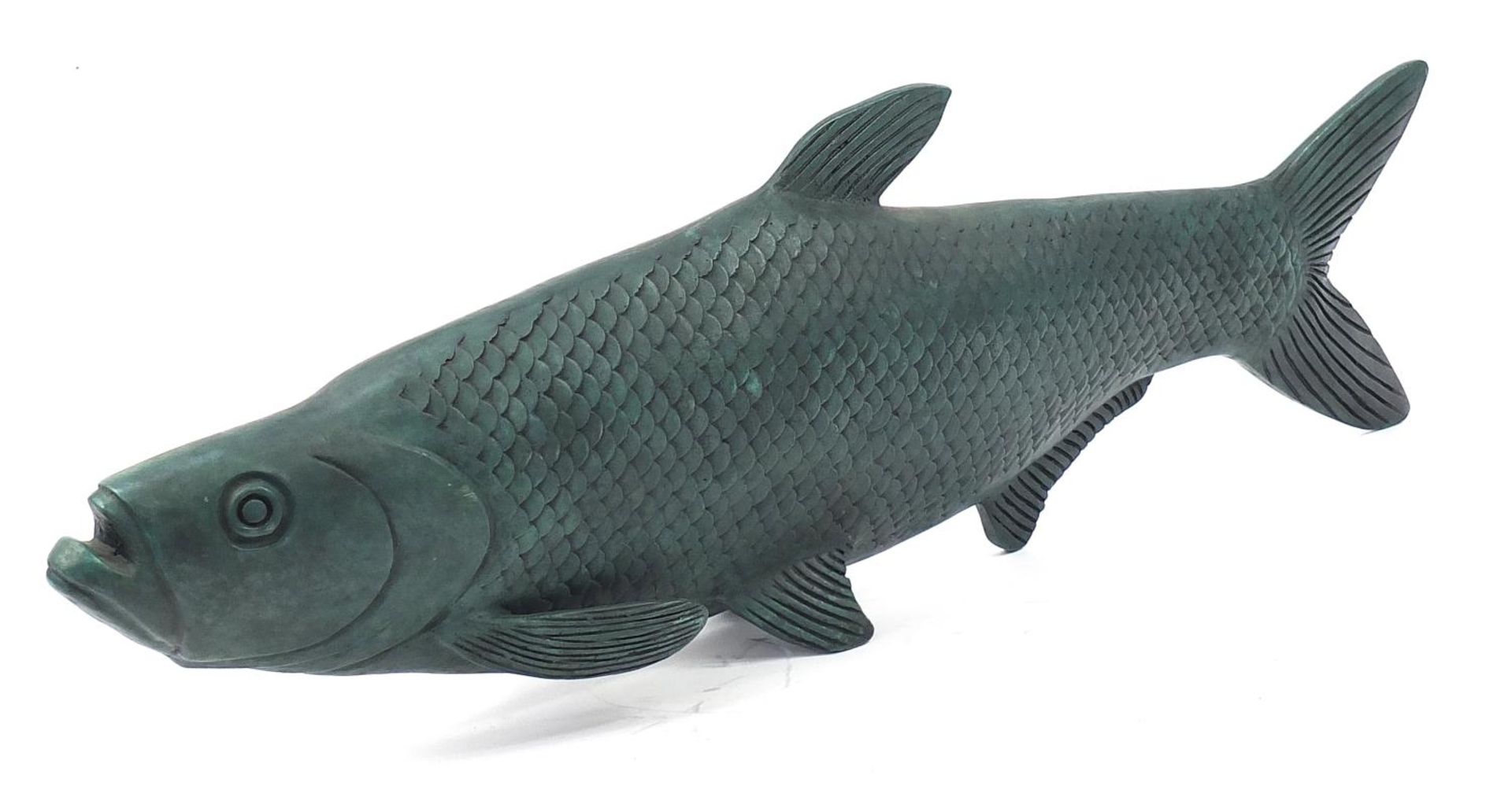 Large patinated bronze sculpture of a Chinese carp, 95cm in length