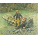 Manner of Henry Scott Tuke - Two young fishermen, St Ives school oil on board, framed, 59.5cm x 49.