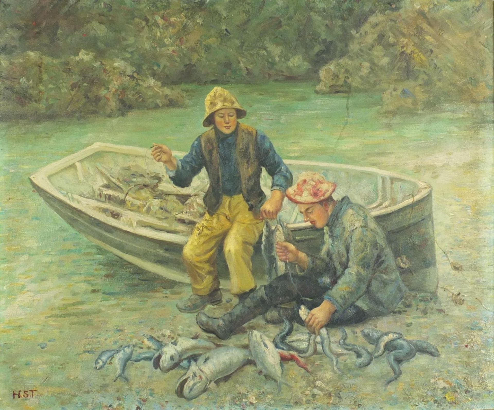 Manner of Henry Scott Tuke - Two young fishermen, St Ives school oil on board, framed, 59.5cm x 49.