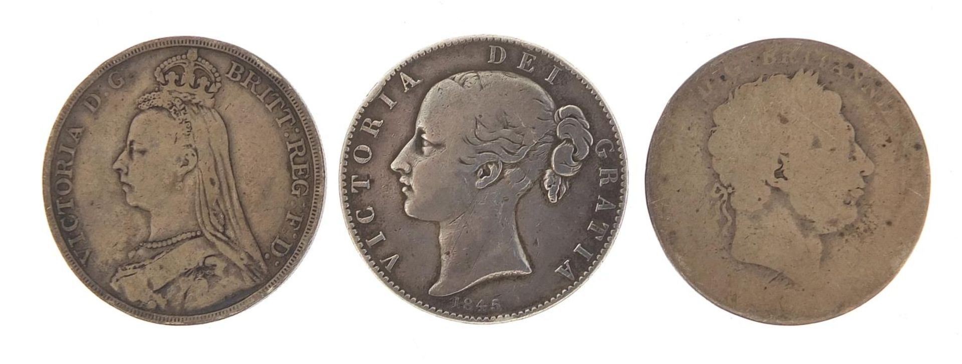 Three George III and later silver crowns including 1845 and 1890 - Image 2 of 2