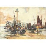 Thomas Bush Hardy 1883 - Entrance to Margate Harbour, late 19th century watercolour, mounted, framed