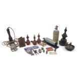 Sundry items including Victorian cast iron street lamp finials, brass door knockers, Pyrene fire