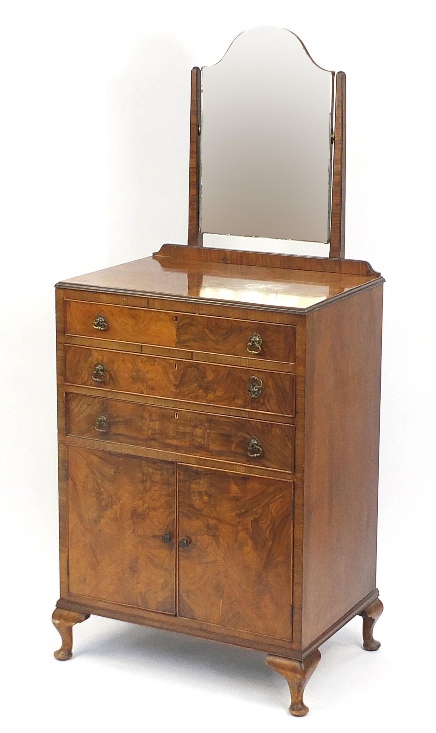 1930's walnut dressing chest with mirror above three drawers and cupboard base, 175cm H x 75cm W x