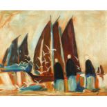 Figures before sailing boats, Irish school oil on board, mounted and framed, 50cm x 39.5cm excluding
