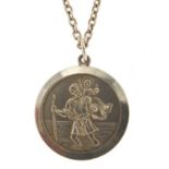 Silver St Christopher pendant on a silver necklace, 2.5cm in diameter and 60cm in length, total 11.