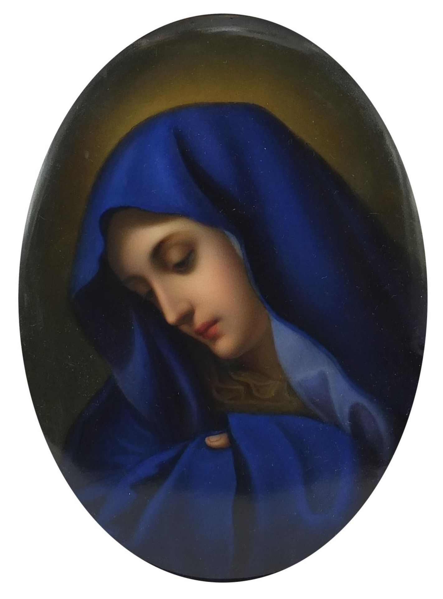 19th century oval porcelain panel hand painted with Madonna in the style of KPM, mounted and framed,