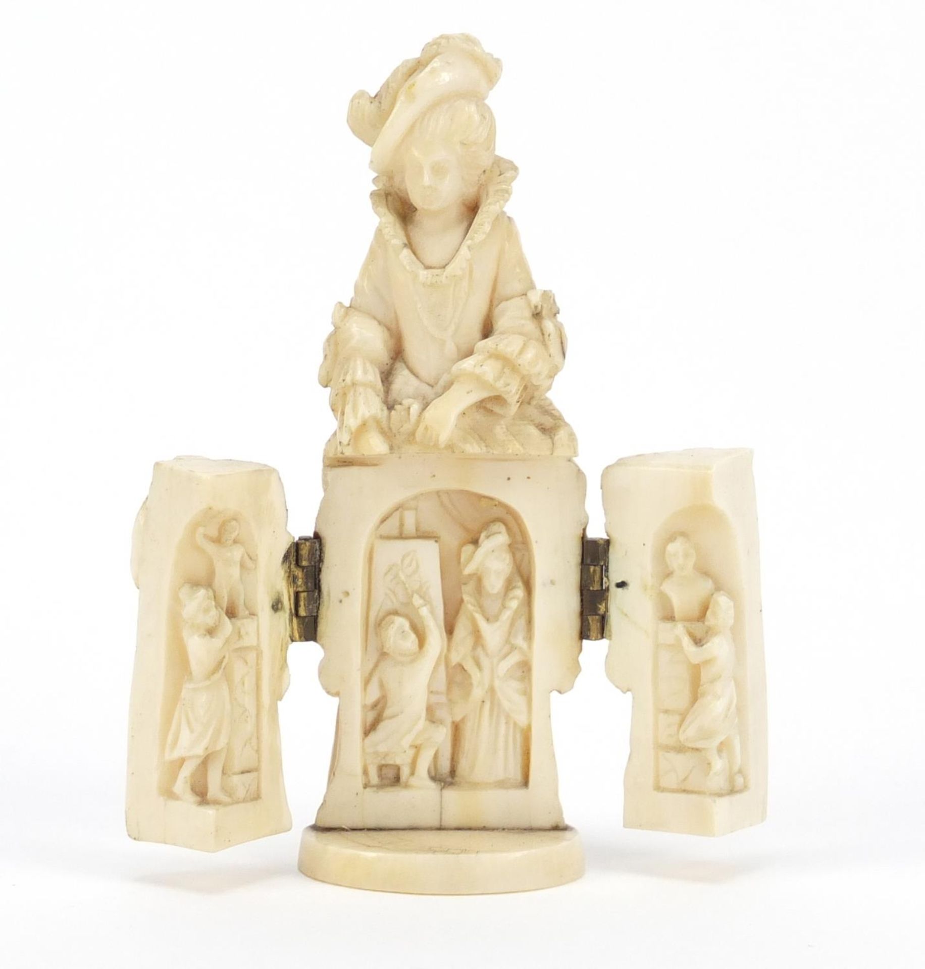 19th century French Dieppe carved ivory tryptych figure, 9cm high