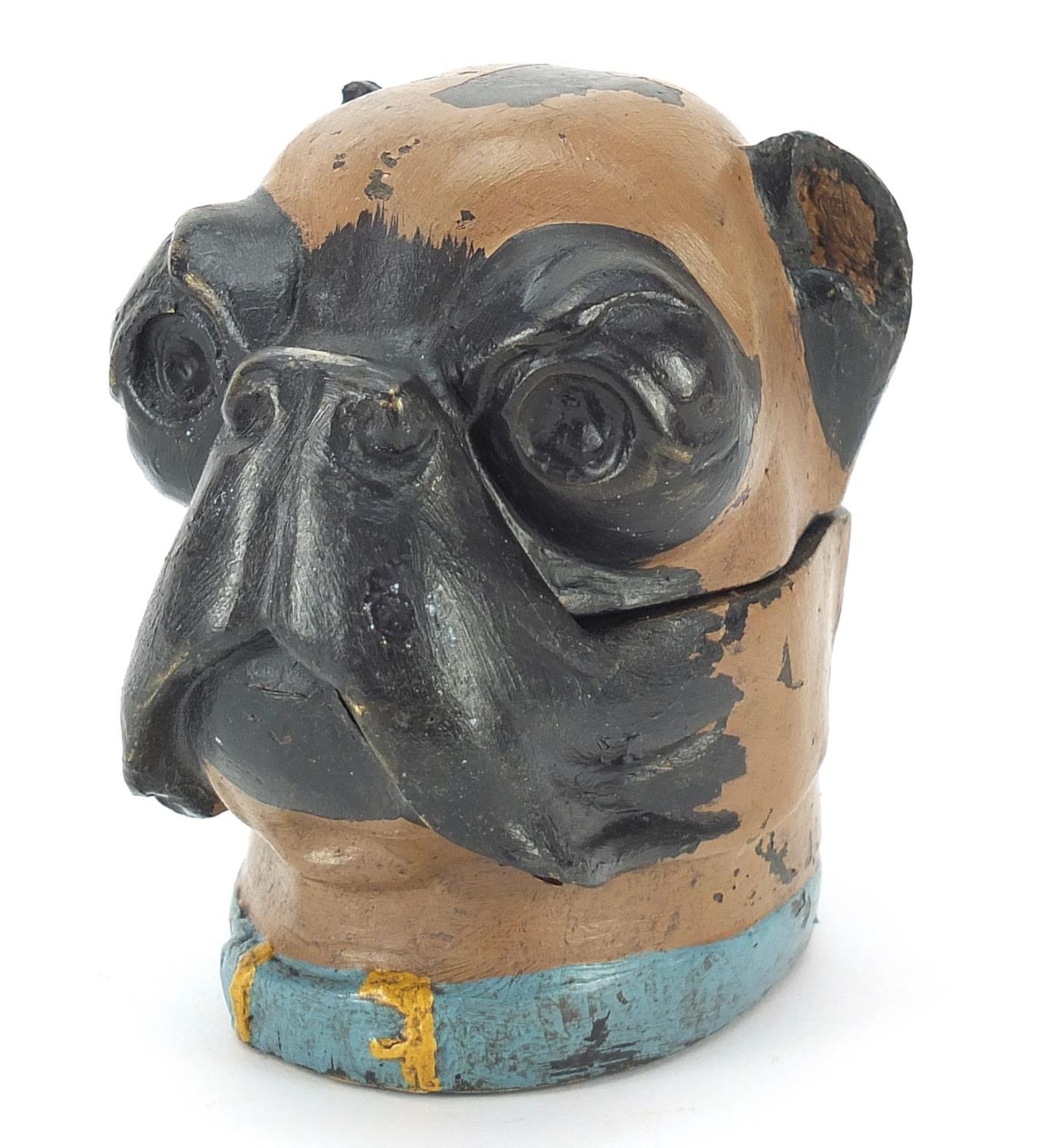 Cold painted bronze inkwell in the form of a dog's head with hinged lid, 9cm high
