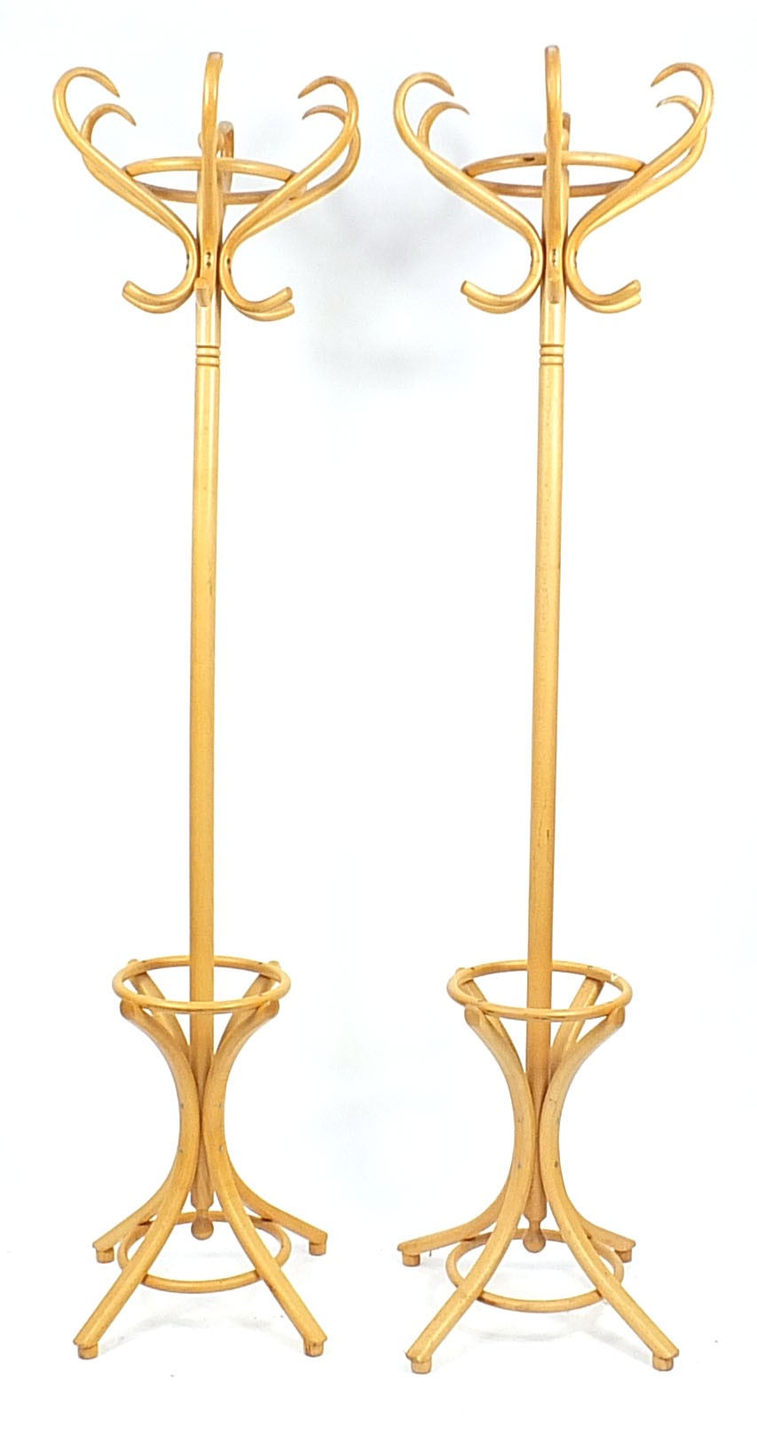 Pair of light bentwood hat and coat stands, 194cm high