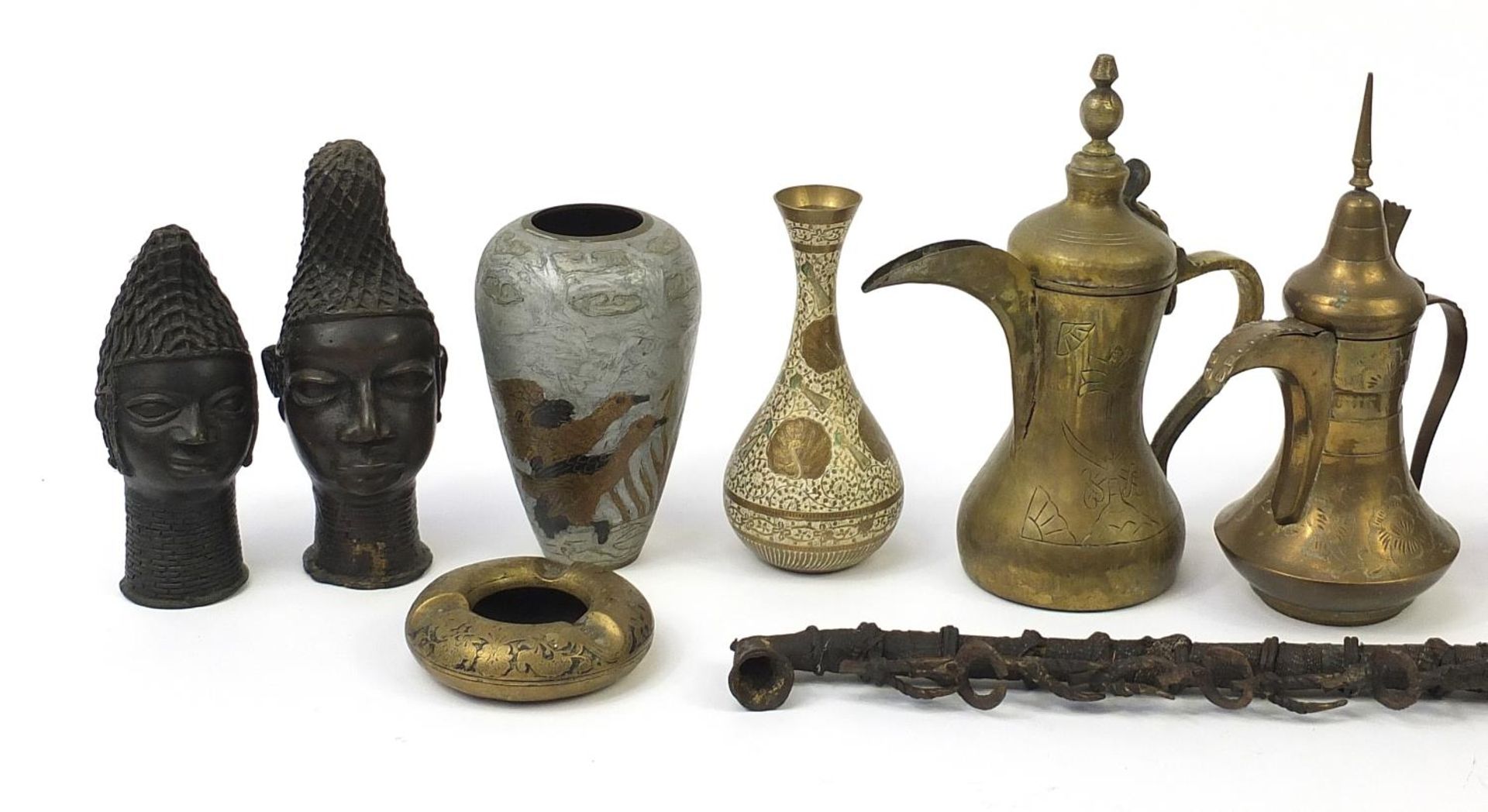 African and Persian metalware including a pair of Imani Dallah coffee pots, pair of Benin style - Image 2 of 3