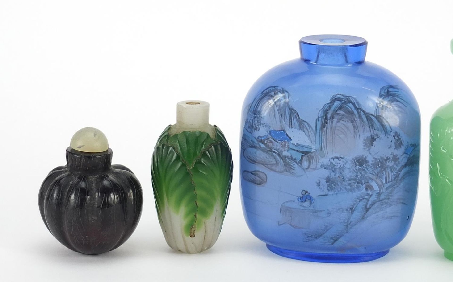 Six Chinese glass snuff bottles including two Peking cameo examples and two internally decorated - Image 2 of 5