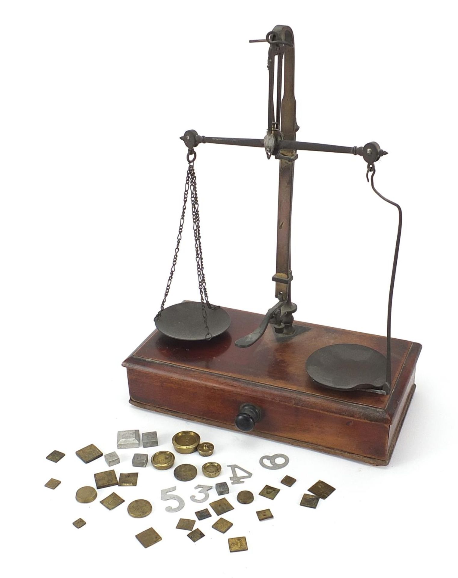 Set of Victorian mahogany and brass balance scales with weights, 26cm wide