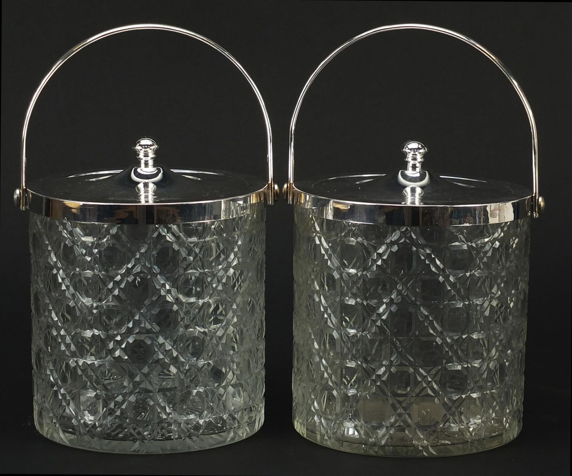 Pair of cut glass biscuit barrels with silver plated lids and swing handles, 15cm excluding the - Image 2 of 3