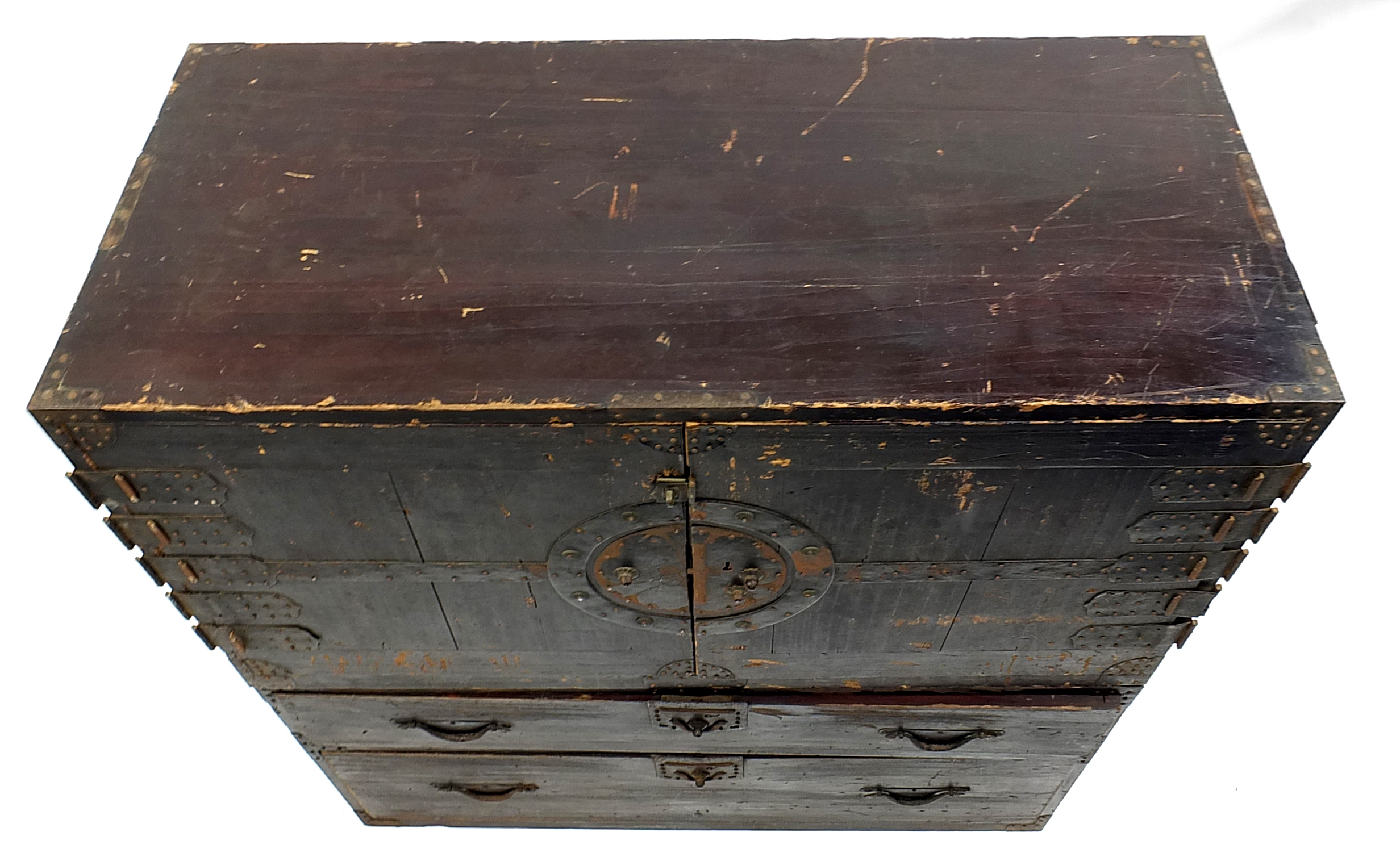 19th century Japanese iron bound two section tansu chest, 93.5cm H x 91cm W x 41.5cm D - Image 2 of 4