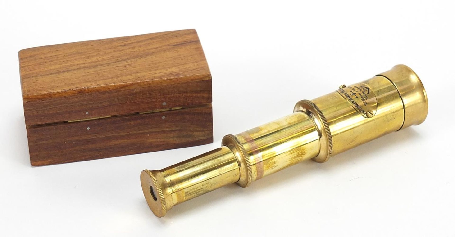 Naval interest marine two draw brass telescope with hardwood case, 8cm in length when closed - Image 2 of 2