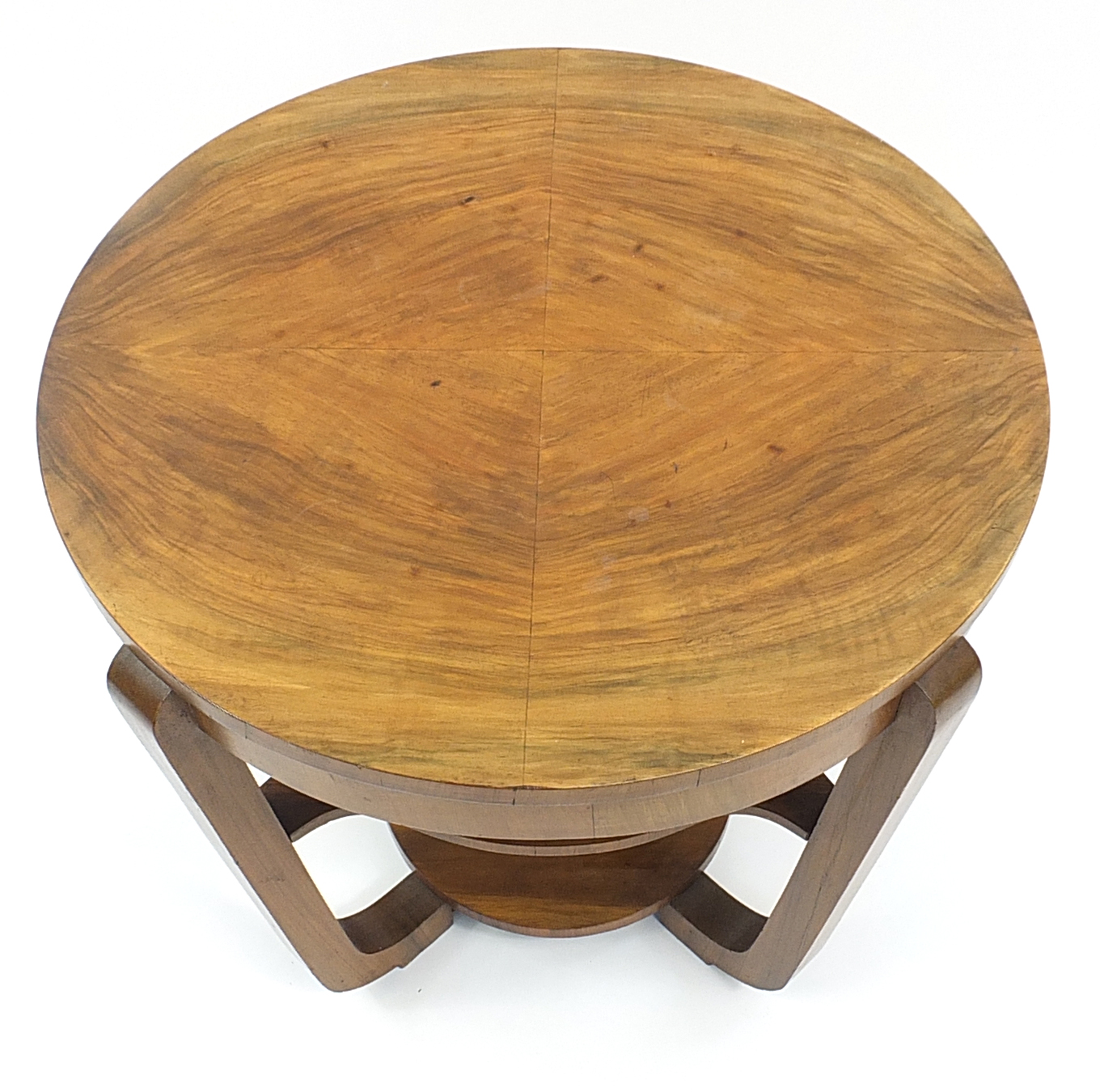 Art Deco walnut quarter veneered occasional table with under tier, 56cm high x 58cm in diameter - Image 2 of 3