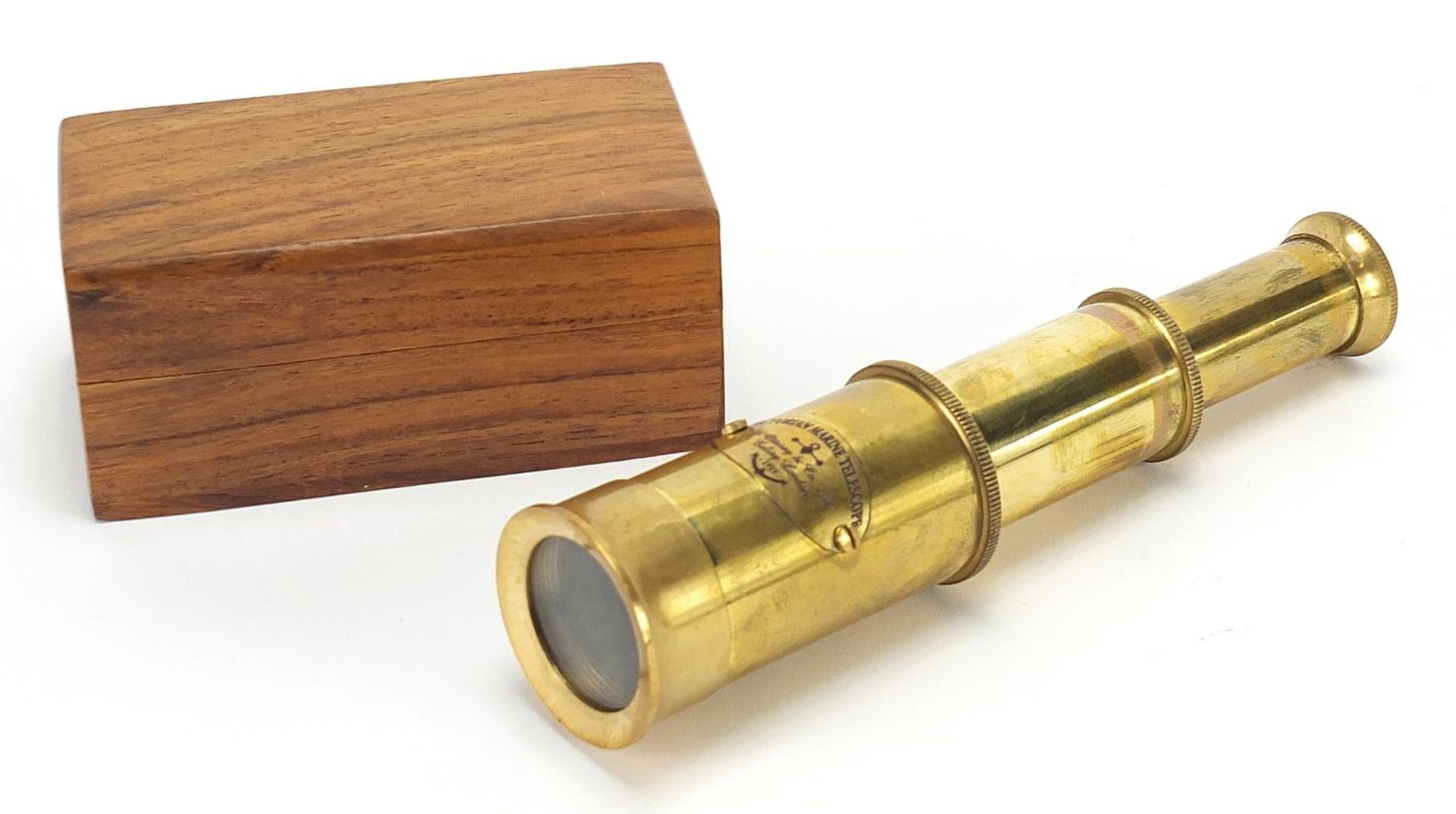 Naval interest marine two draw brass telescope with hardwood case, 8cm in length when closed