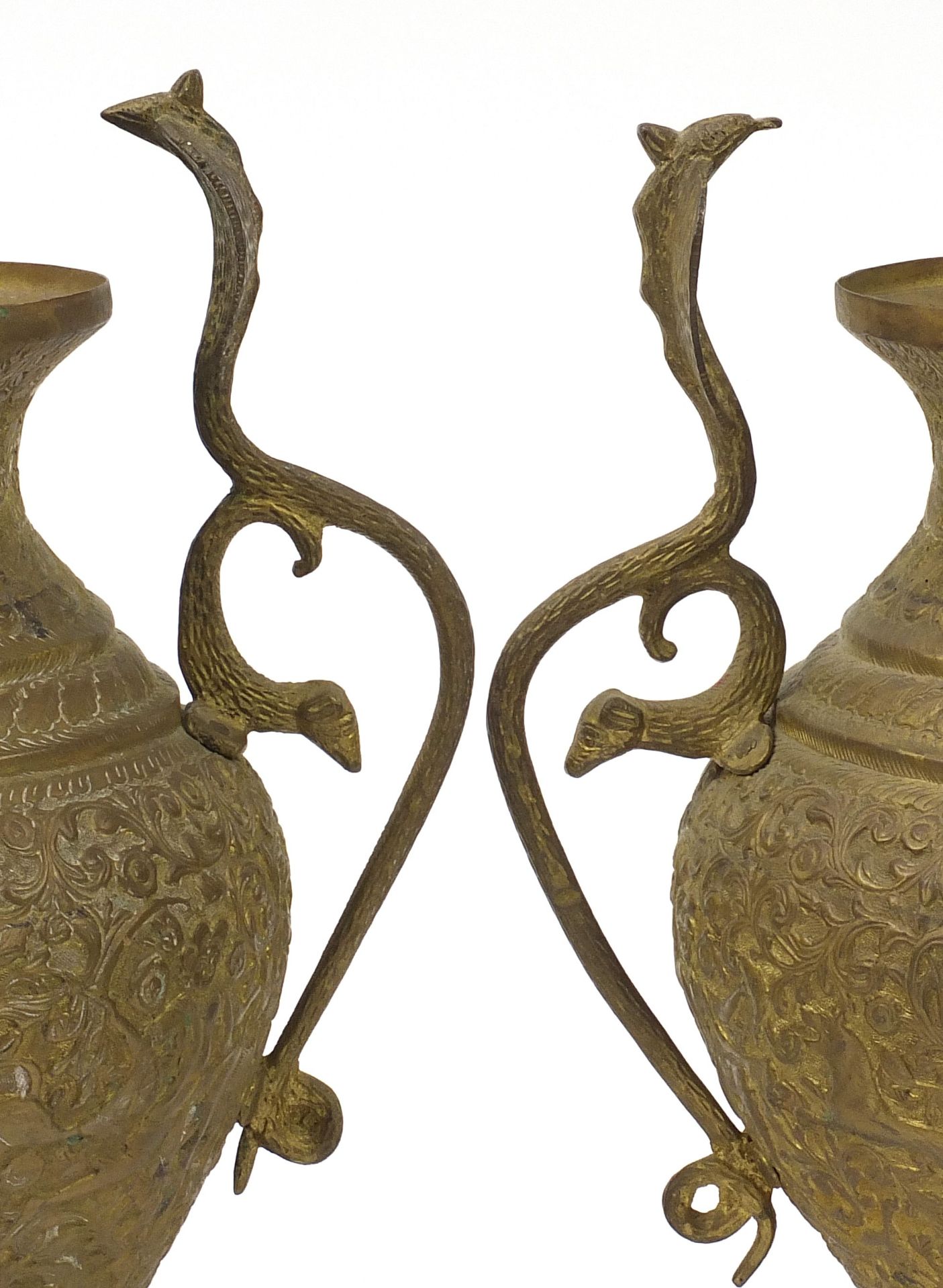 Indian and Middle Eastern metalware including a pair of vases with serpent handles decorated with - Image 3 of 7