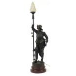 Large patinated spelter Cavalier design table lamp with frosted glass shade, 87cm high