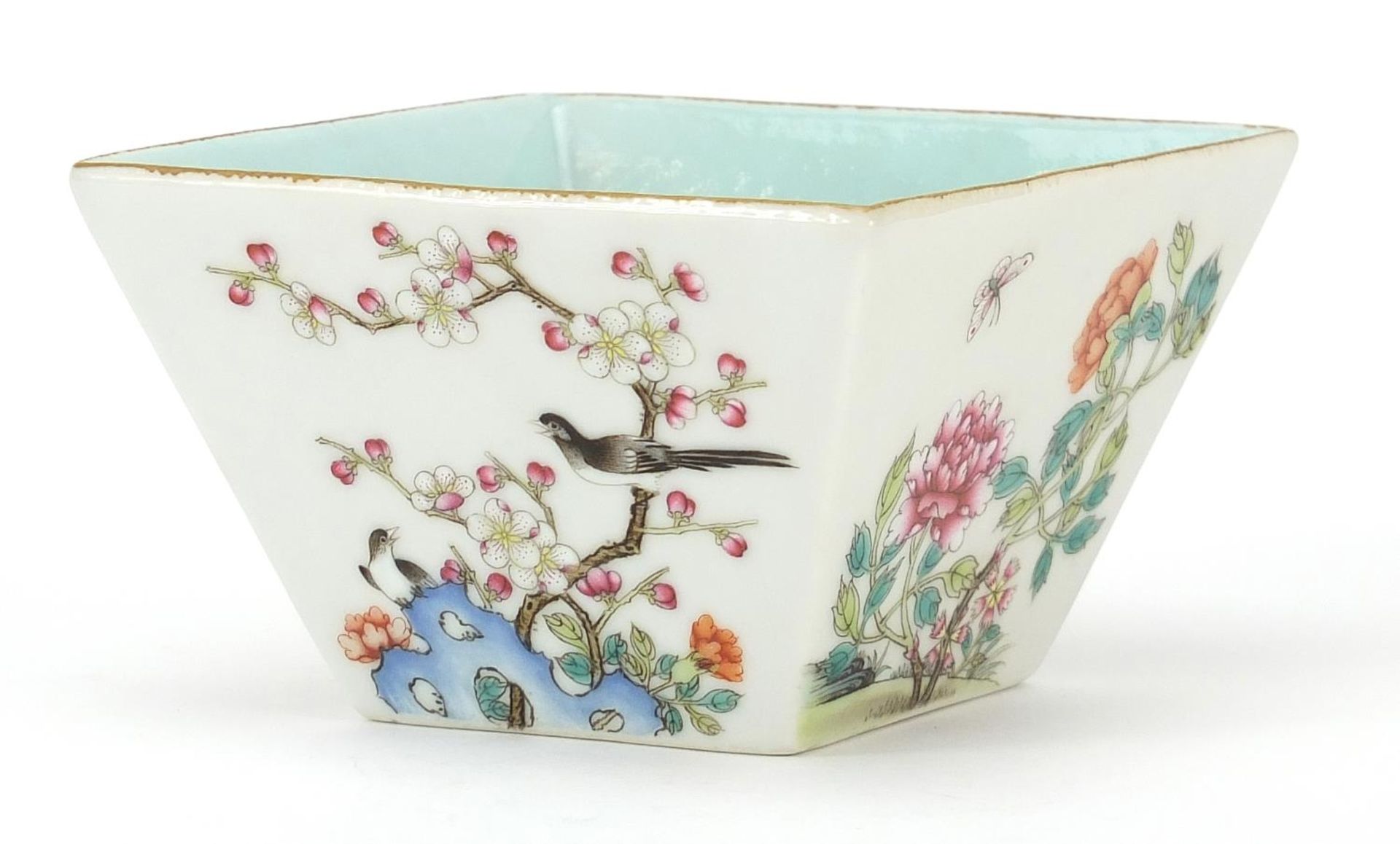 Chinese porcelain bowl hand painted in the famille rose palette with birds and insects amongst - Image 2 of 3