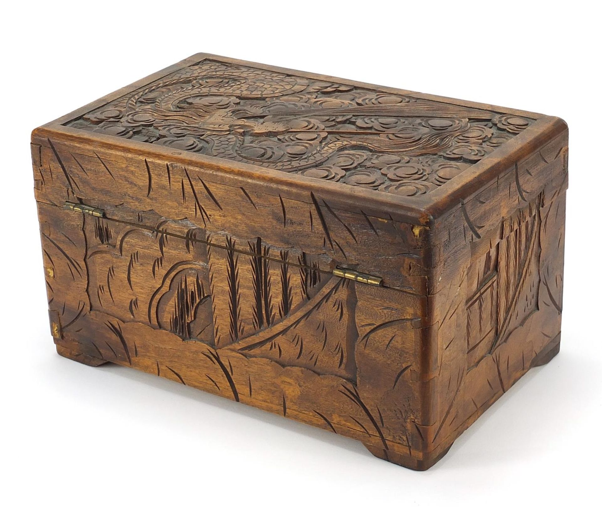 Chinese camphor wood table top chest carved with dragons amongst clouds, 17cm H x 30cm W x 19cm D - Image 3 of 4