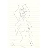 Christopher Haskell - Nude female, pen and ink line drawing on note paper, mounted, framed and