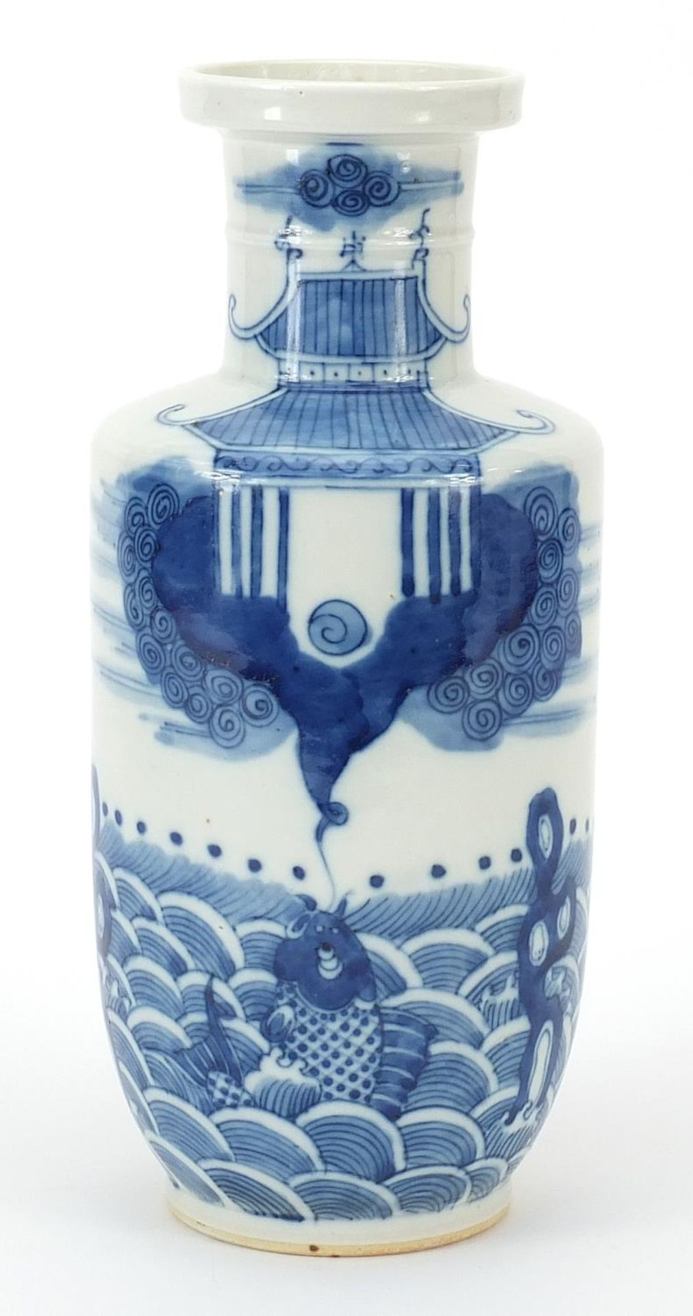 Chinese blue and white porcelain rouleau vase hand painted with fish and aquatic life, blue ring