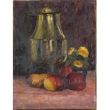 Still life vessels, fruit and flowers, 20th century oil on canvas, unframed, 50cm x 38cm