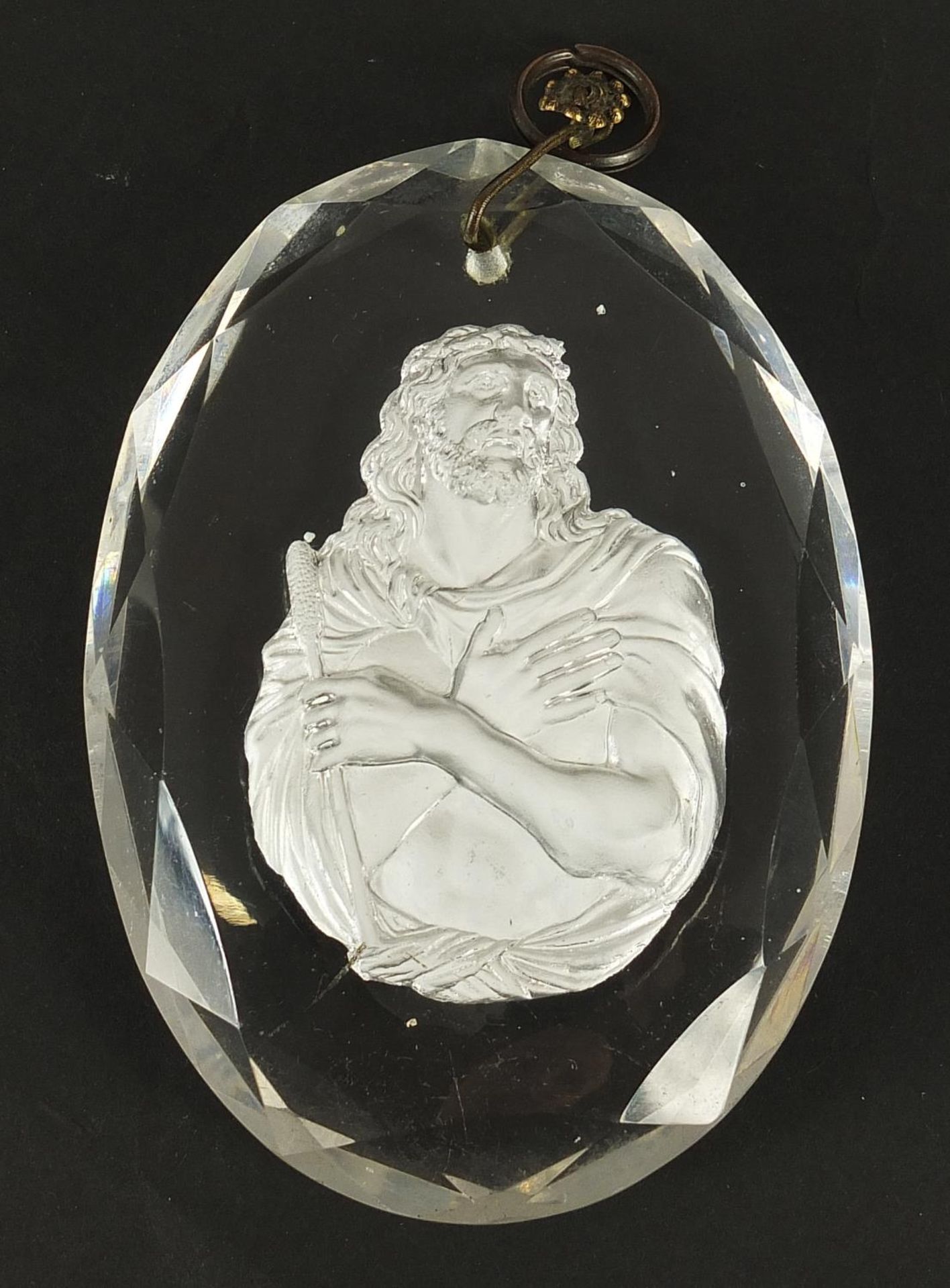 19th century crystal and plaster pendant of Christ, 11.5cm x 8cm