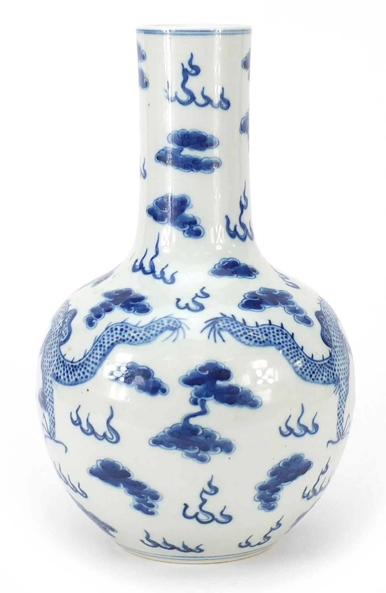 Chinese blue and white porcelain vase hand painted with dragons chasing a flaming pearl amongst - Image 2 of 3