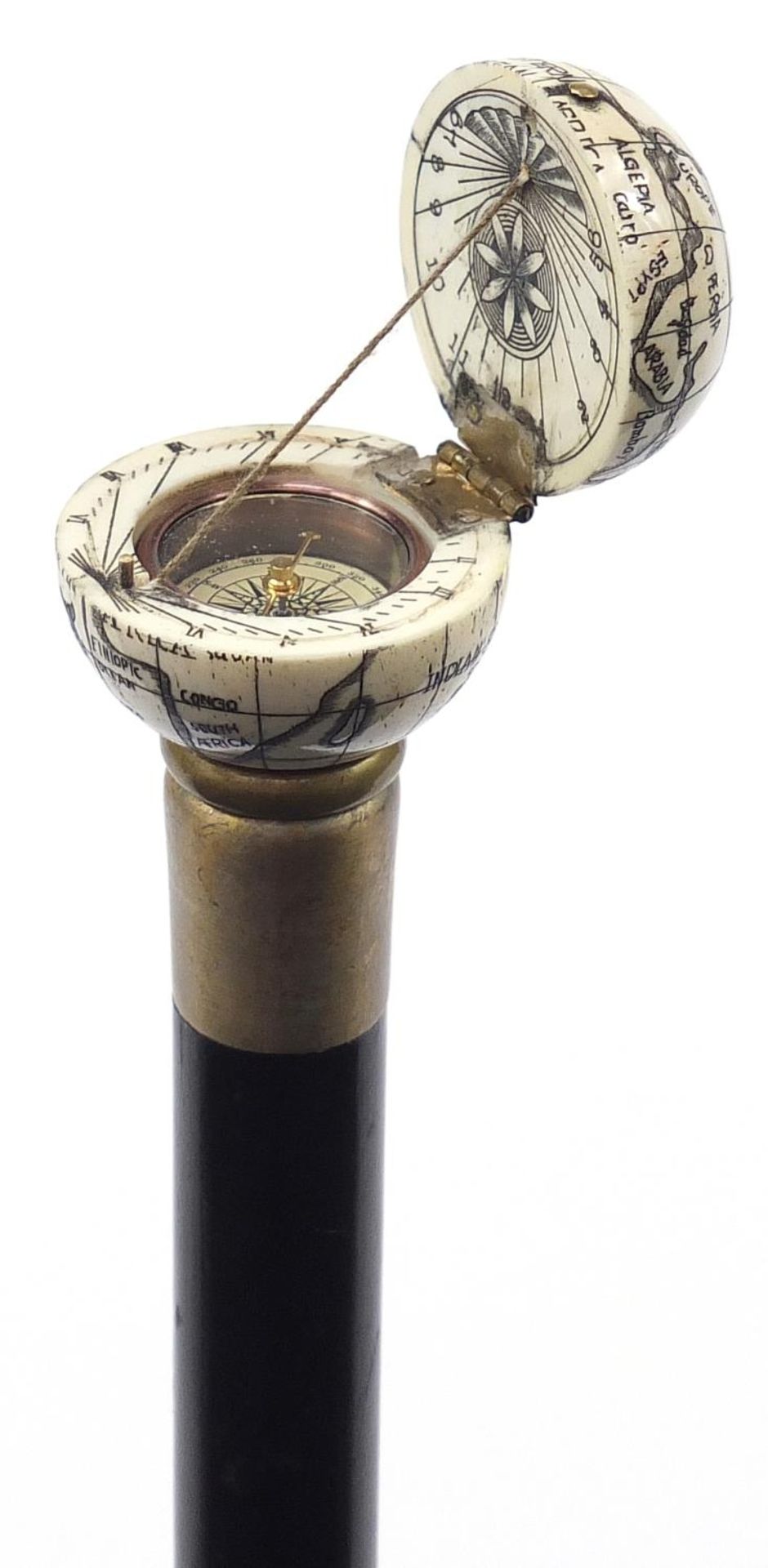 Hardwood walking stick with carved bone globe pommel opening to reveal a compass, 84cm in length