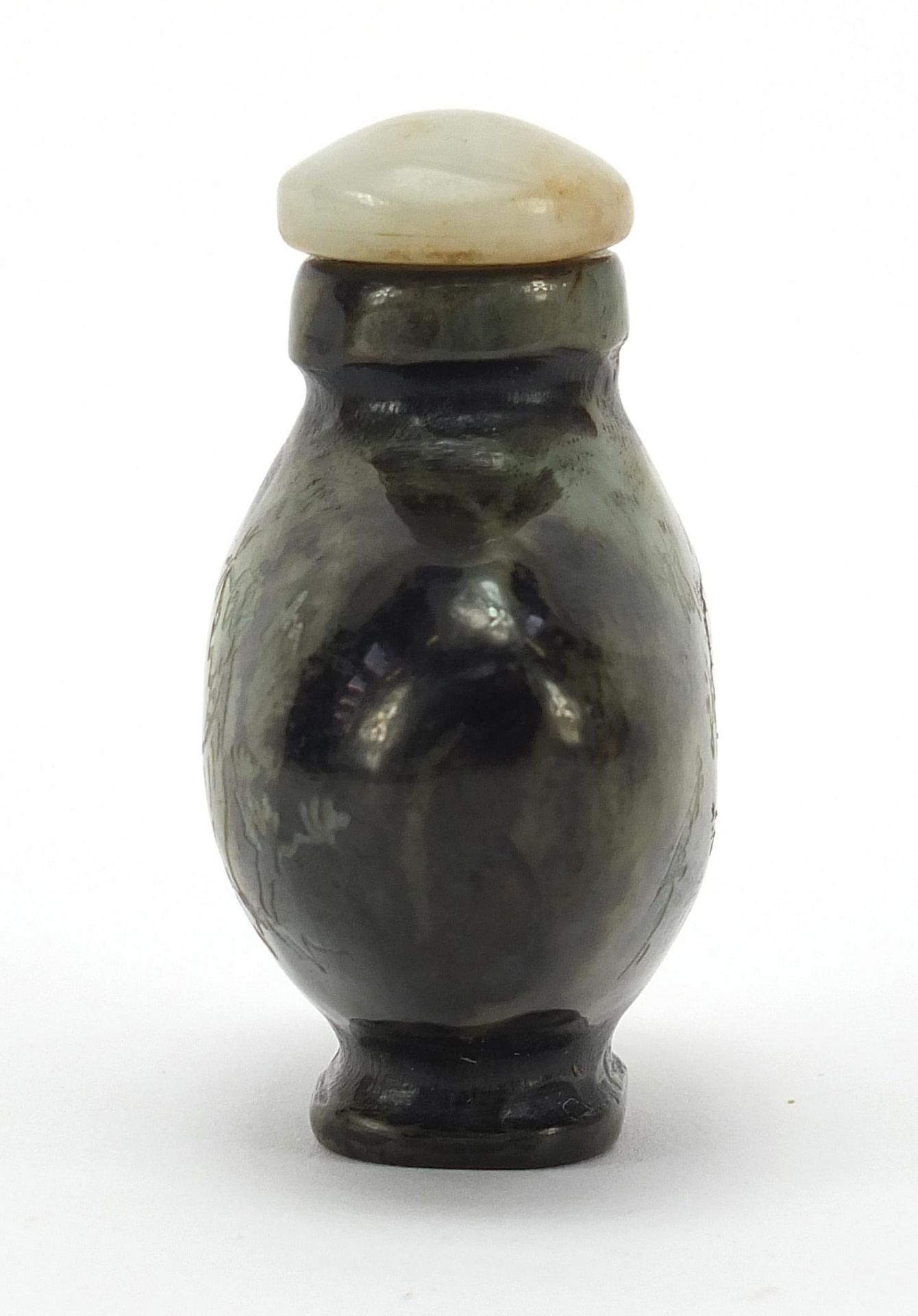 Chinese jade snuff bottle carved with a dragon in a mountainous landscape and calligraphy, 6cm high - Image 2 of 7