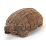 Japanese carved wood okimono of a turtle, inset mother of pearl plaque with character marks to the