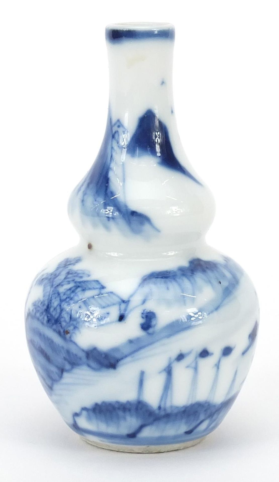 Chinese blue and white porcelain double gourd vase hand painted with a landscape, 9cm high - Image 2 of 3
