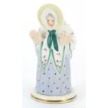19th century Derby porcelain granny candle snuffer with stand, 11cm high