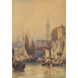 J Edge - Busy Dutch harbour scene, 19th century watercolour, E Stacy Marks label verso, mounted,