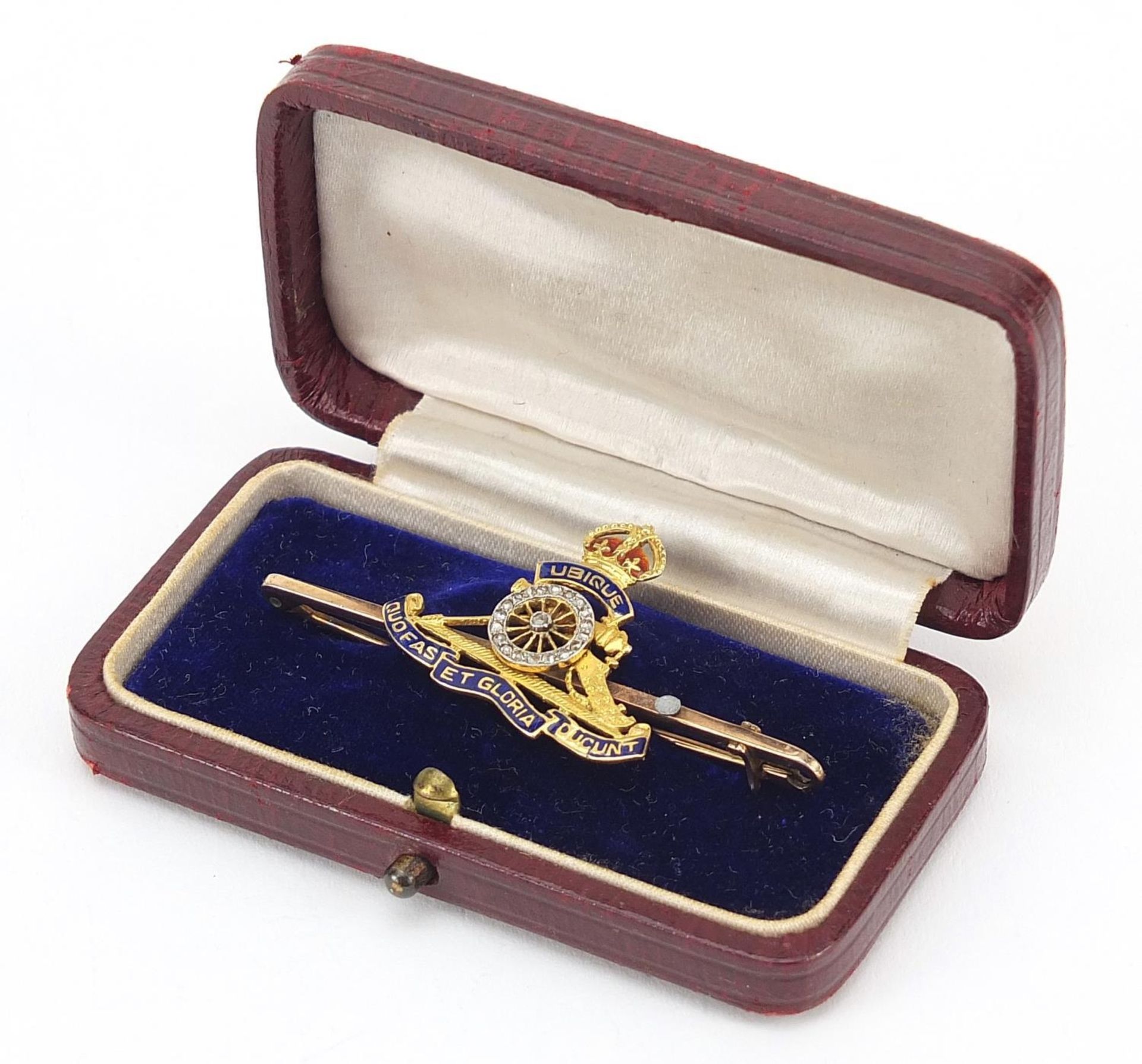 Military interest unmarked gold, enamel and diamond Ubique cannon sweetheart brooch, 5.5cm wide, 5. - Image 3 of 4