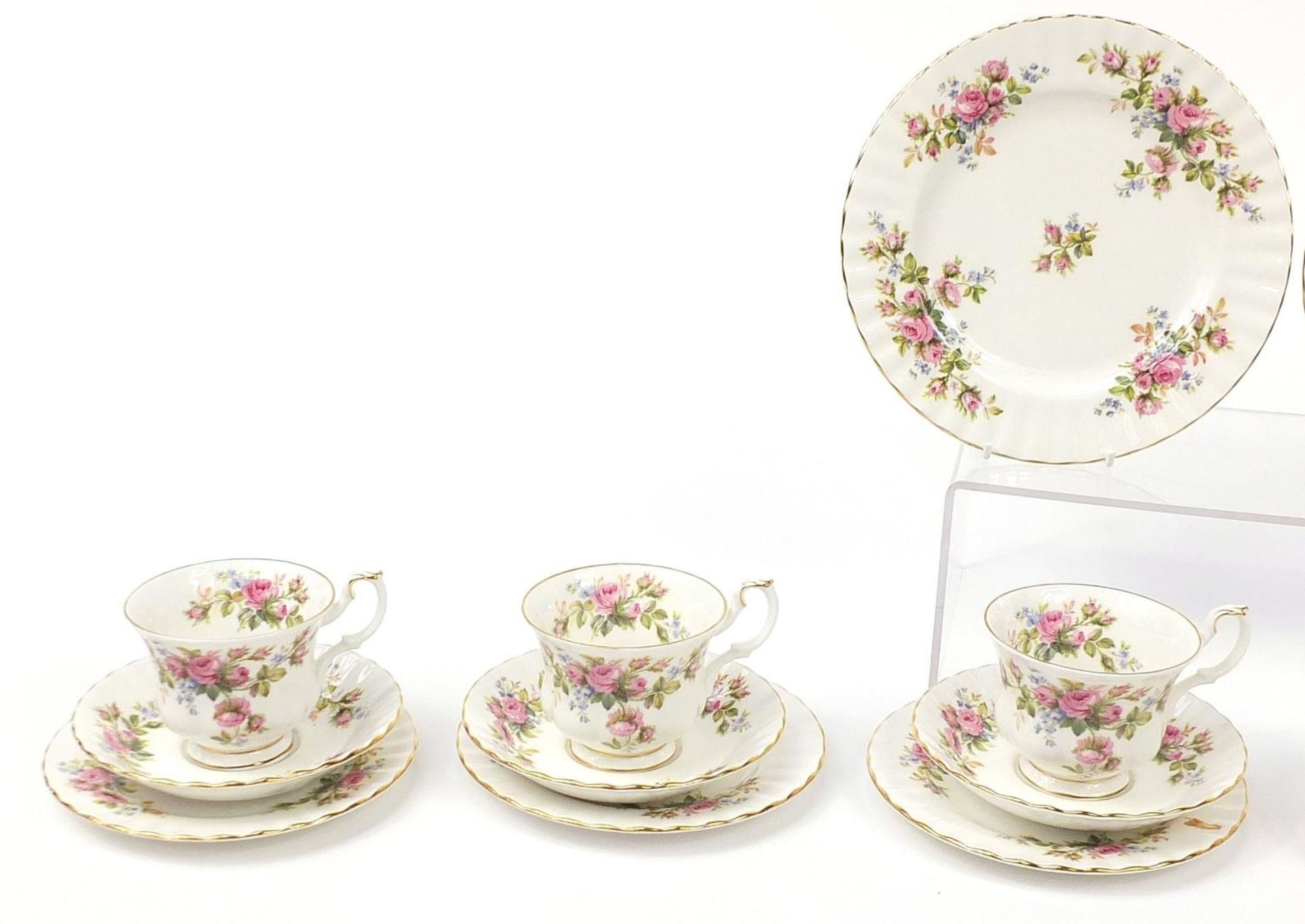 Royal Albert Moss Rose teaware including six trios, the largest each 22.5cm in diameter - Image 2 of 4