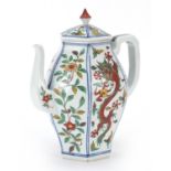 Japanese porcelain coffee pot hand painted with dragons and flowers, 20cm high