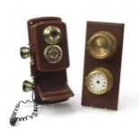 Vintage design wall mounted telephone and a Sestrel ship's design barometer and clock, the largest