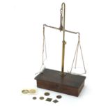 Pair of miniature brass balance scales, 16.5cm wide