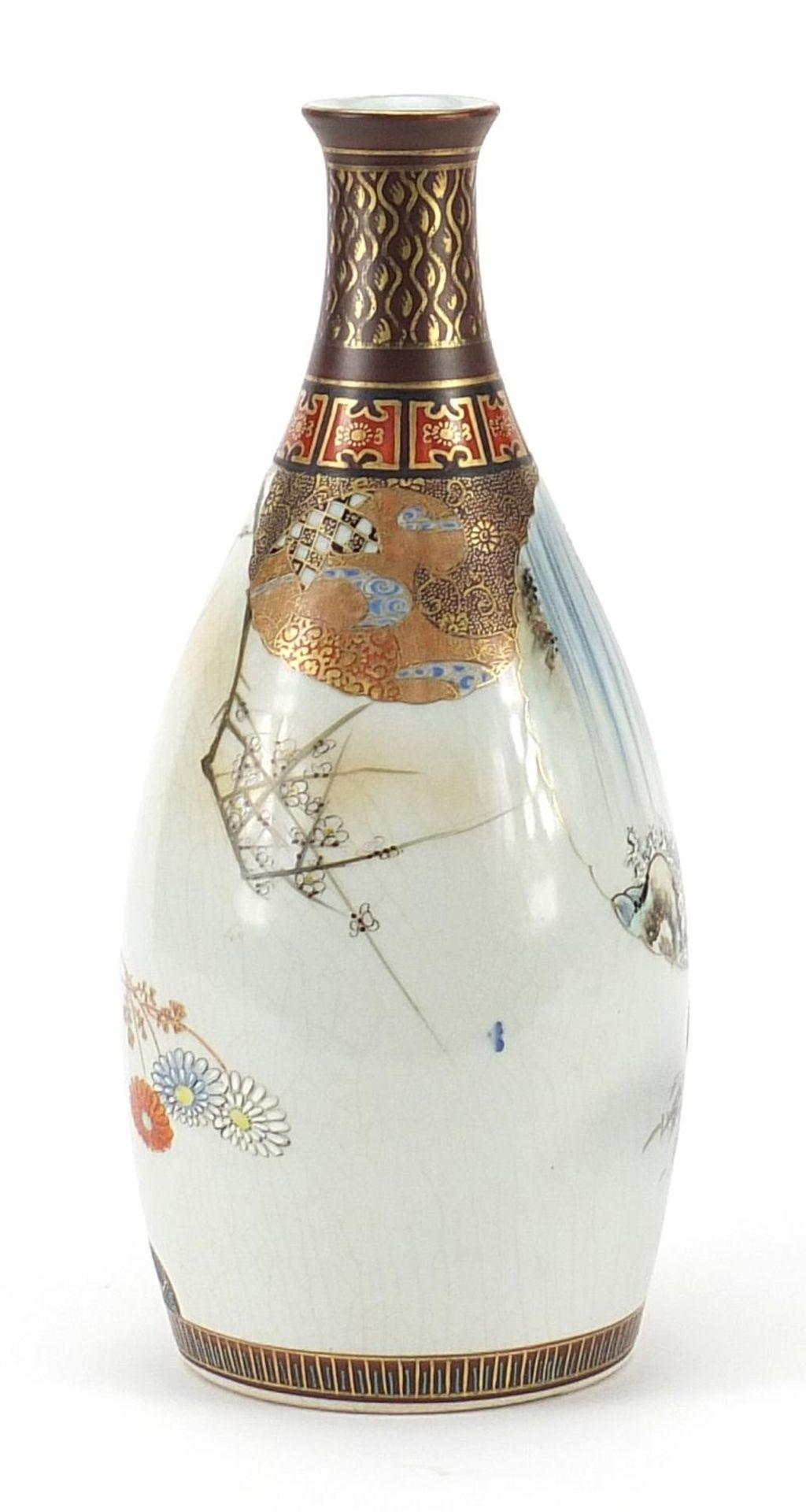 Japanese Kutani porcelain sake bottle, hand painted with figures and flowers, character marks to the - Image 2 of 3